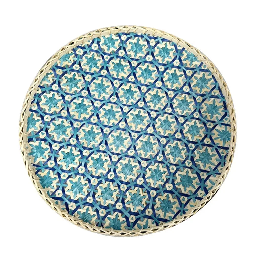 assiettes rotin naturel bleu vert marron motif géométrique tressé taille 15cm 25cm 35cm traditionnel