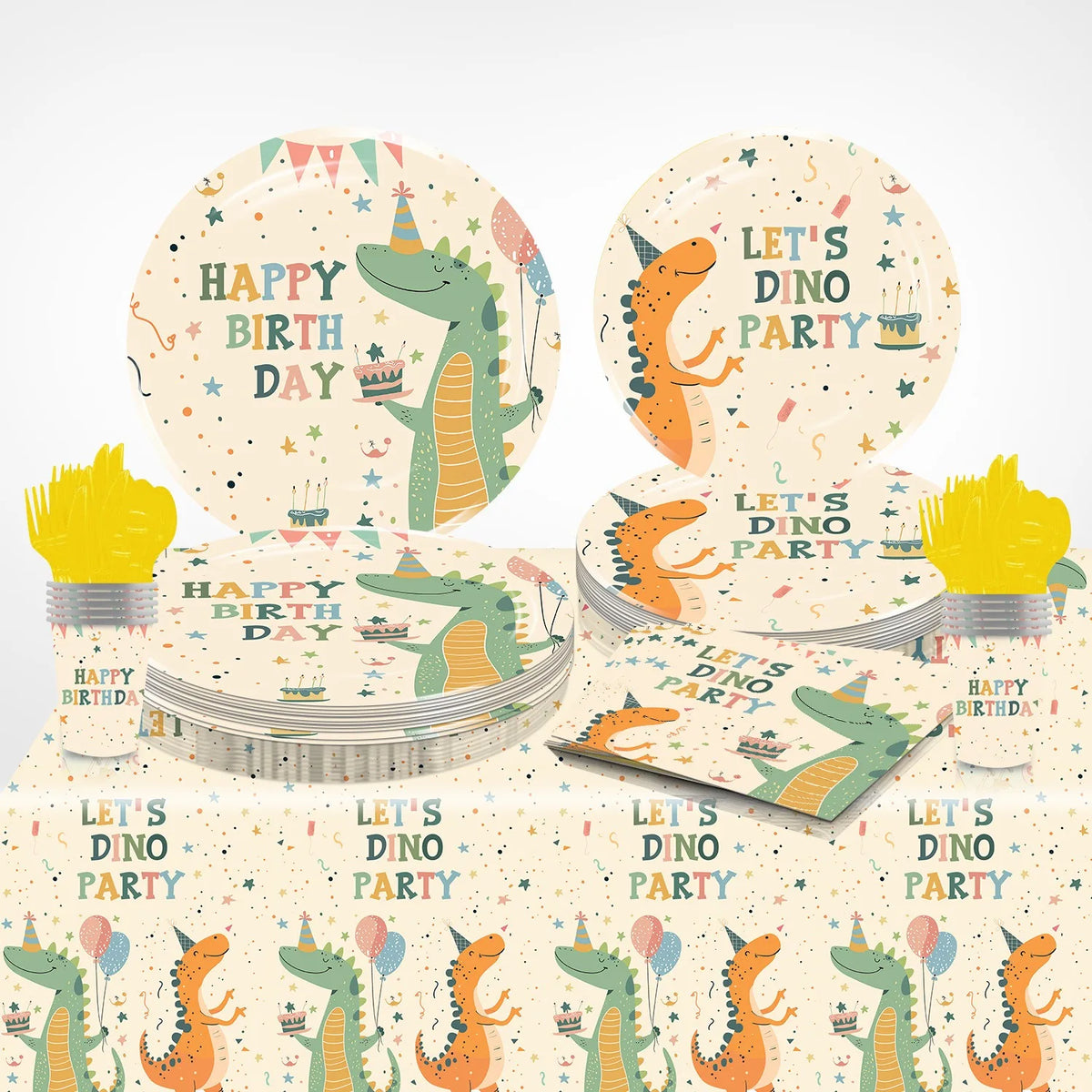 assiettes serviettes gobelets tapis dinosaures illustration enfantine fête anniversaire enfants confettis ballons