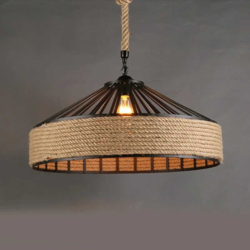 lampe suspendue industrielle vintage corde naturelle métal noir 30cm 40cm 50cm