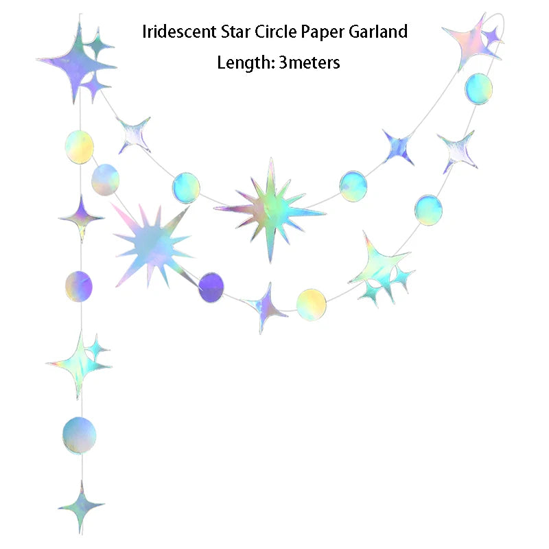 guirlande décorative multicolore stars lunes cercles effet holographique iridescent enfantin cosmique festif