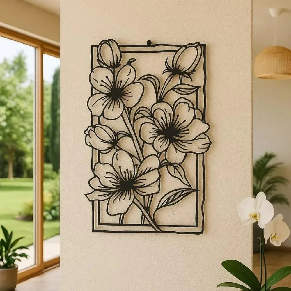 décoration murale plaque noire blanche fleurs stylisées art deco moderne minimaliste suspension tringle fixe