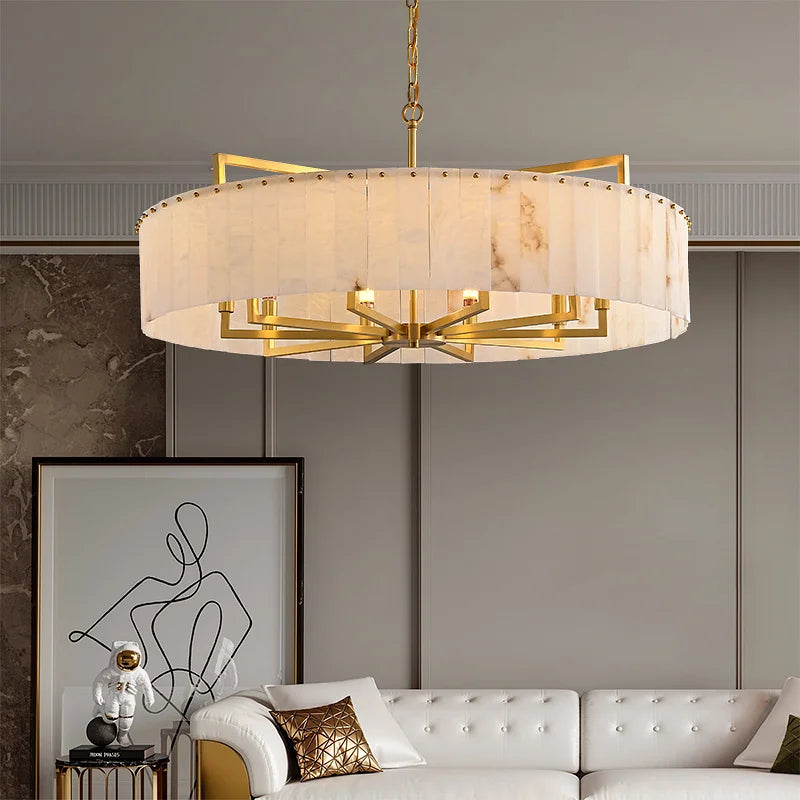suspension lumineuse moderne or marbre blanc taches brunes ampoules élégante chaîne métallique