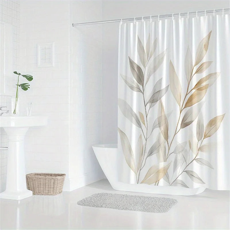 rideau douche polyester moderne feuilles stylisées blanc beige gris opacité respectueux environnement 180cm 180cm