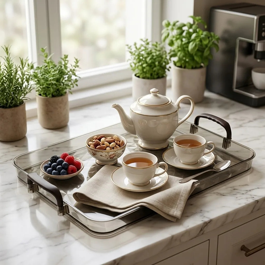plateau service transparent diamant 3D élégant poignées tasse thé théière bol fruits serviette livre