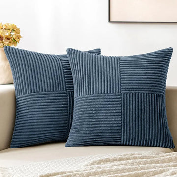 housse coussin velours côtelé rayures horizontales décorative moderne lit canapé salon bleu beige
