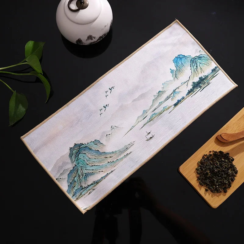 serviettes thé vert bleu beige peinture chinoise motifs floraux art traditionnel zipper cuisine