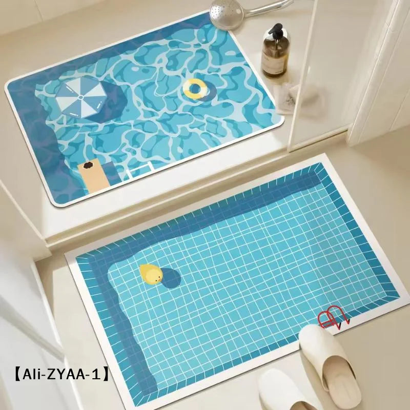 tapis sol antidérapant pvc bleu blanc motif piscine moderne rapide séchage