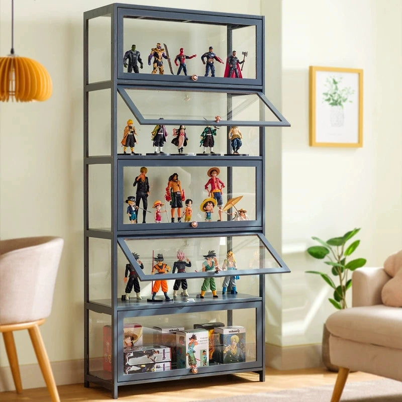étagère portes vitrées moderne gris métallisé industriel figurines boîtes collection