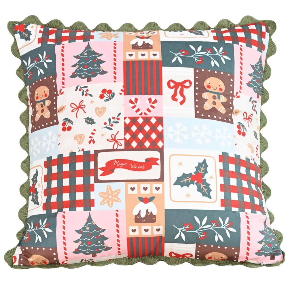 housse coussin patchwork noël blanc guirlande cloches branches baies étoiles décor maison festive 45x45cm