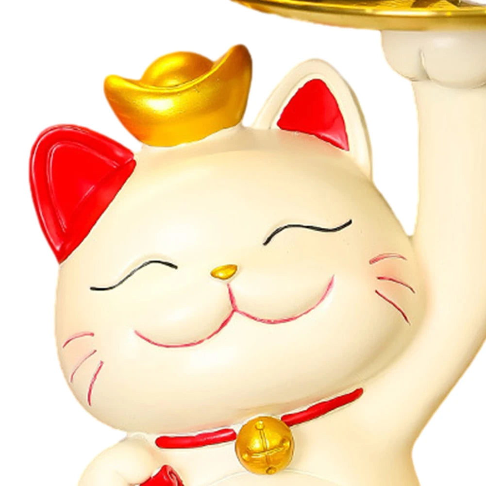 statue decorative chat blanc rouge couronne dorée plateau rangement accessoires inclusion clochette caracteres chinois