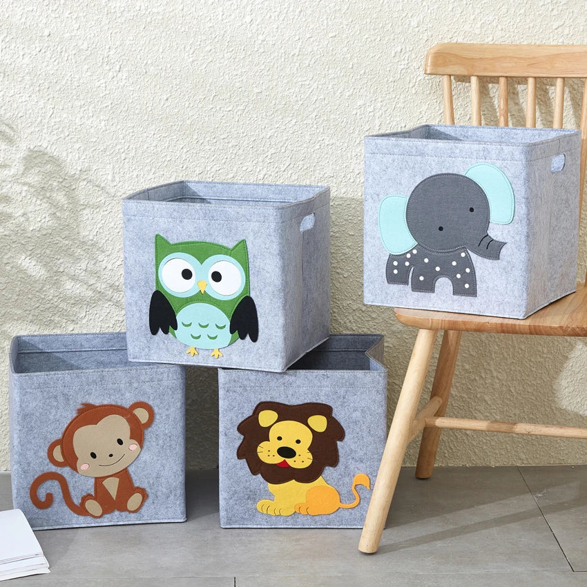 boîte rangement tissu felt pliable animaux motif gris clair enfant jouets vêtements poignées
