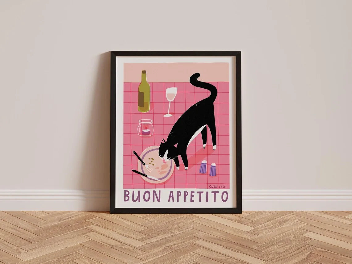 affiche imprimée chat noir blanc illustration fleur cadre doré salle manger cuisine 30x40cm