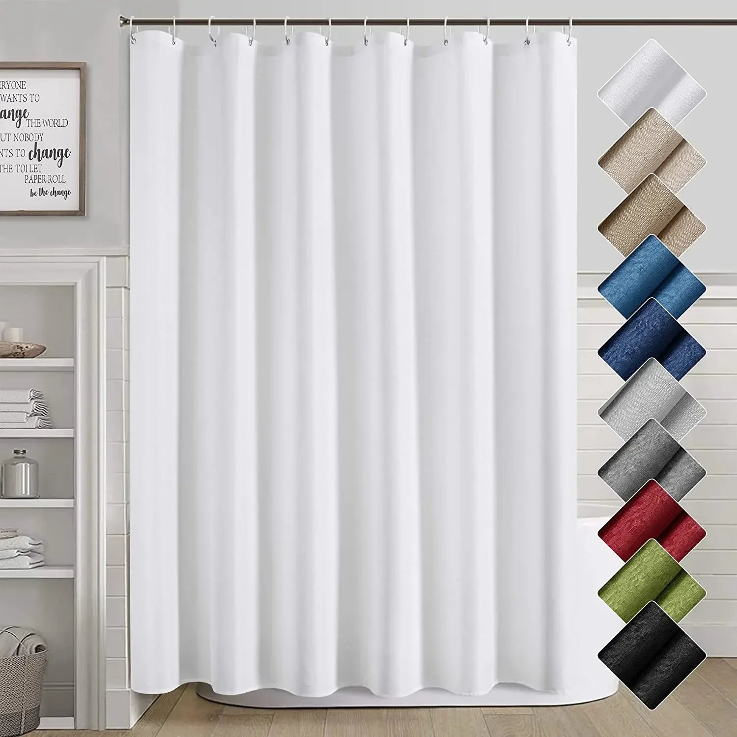 Rideau de douche blanc, suspendu à une tringle à rideaux dans une salle de bain bien éclairée avec des accessoires de plomberie modernes. Ce rideau de douche non seulement ajoute une touche d'élégance à votre salle de bain, mais assure également la confidentialité et prévient les éclaboussures d'eau.