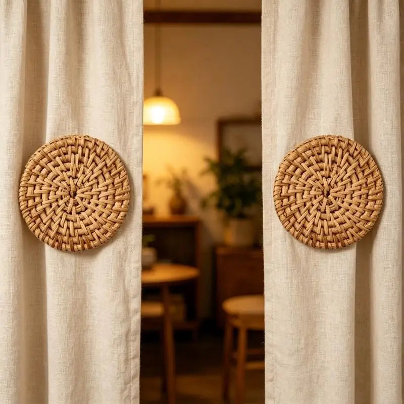 boucles rideau tissage rotin beige moderne fixations vis bouchons blancs dorées