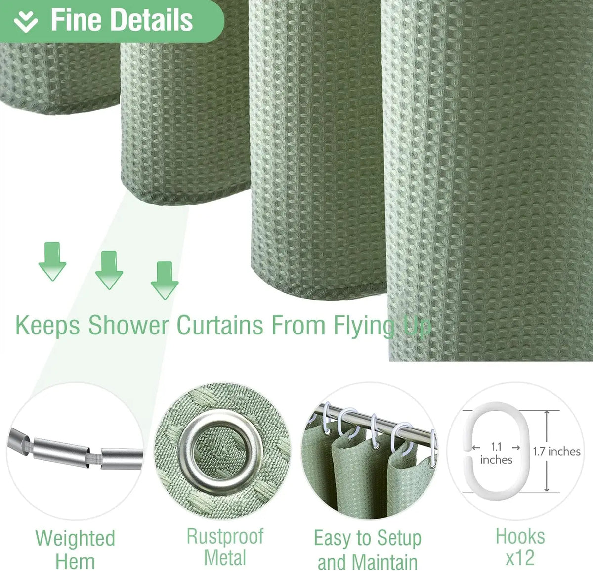 rideau douche vert olive texture points moderne 72x72 crochets polyester