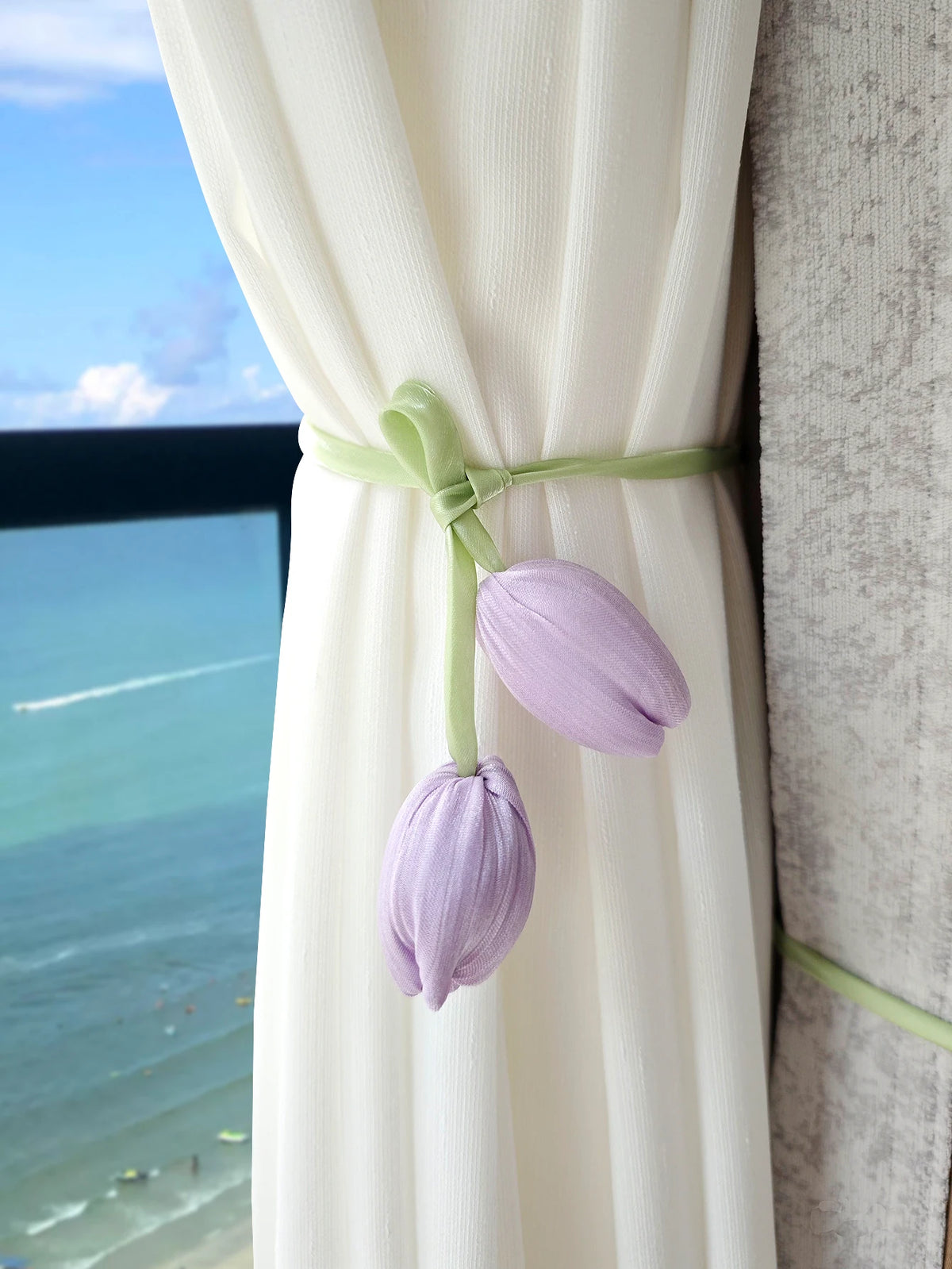 rubans fixation rideaux fleurs tulipes moderne vert clair rose pâle bleu violet décoratif