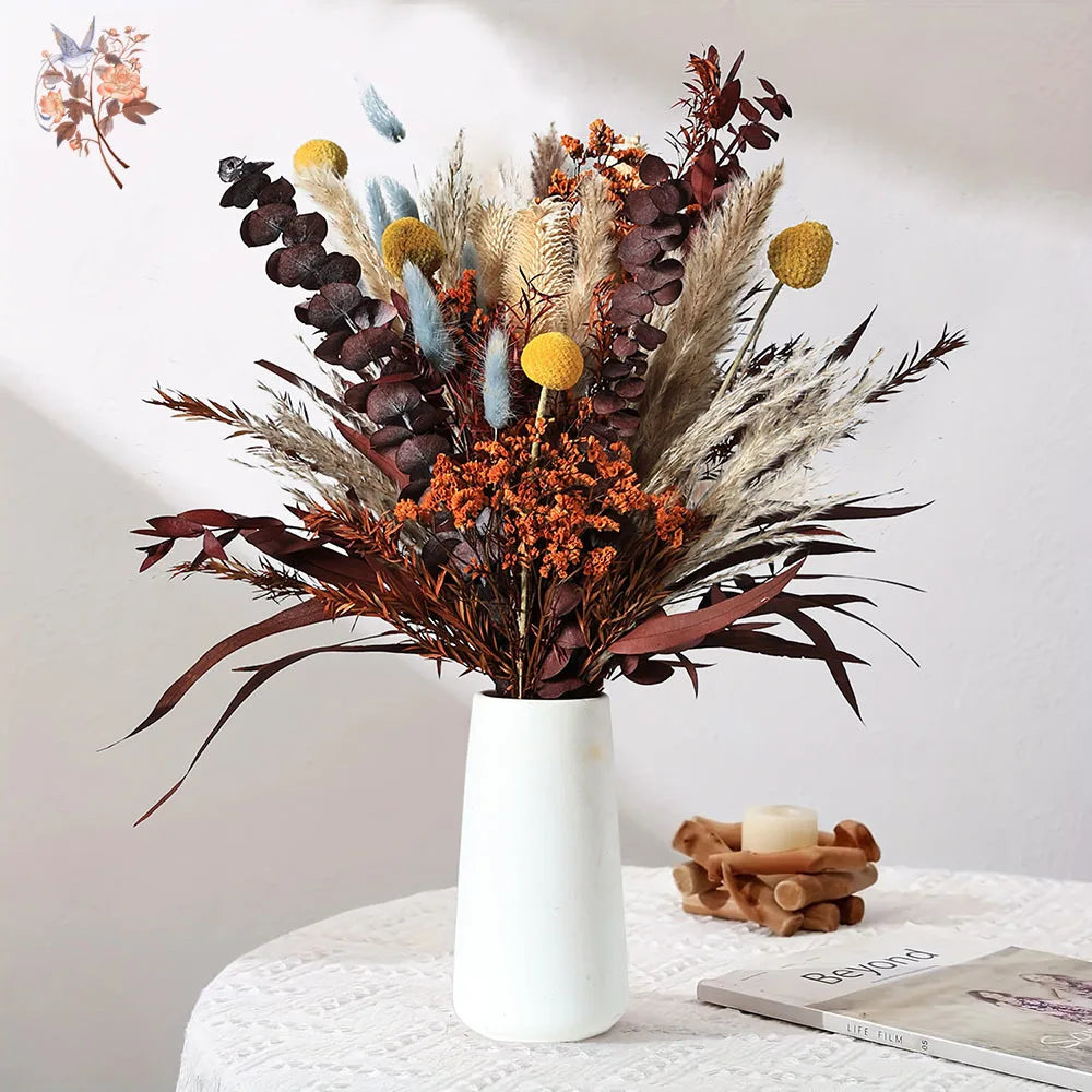 bouquets fleurs séchées boho marron beige orange fluffy décoration maison anniversaire mariage