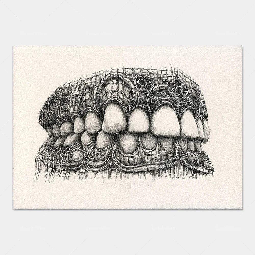 Cette image étrange et fascinante représente une structure organique très détaillée et complexe avec des formes abstraites et géométriques évoquant une bouche géante ou une gueule monstrueuse.