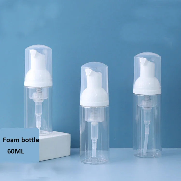 flacons mousse 60ml 30ml rechargeables transparents bouchons blancs contemporains voyage