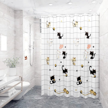 rideau douche moderne opacité blancs motifs géométriques triangles chats ampoules couleurs variées