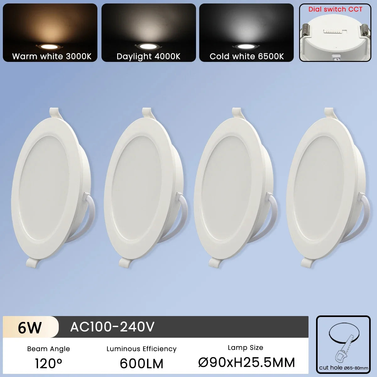 spots led encastrables blancs modernes 120° clips fixation 100lm/w 10w 24w 2.5c 8c