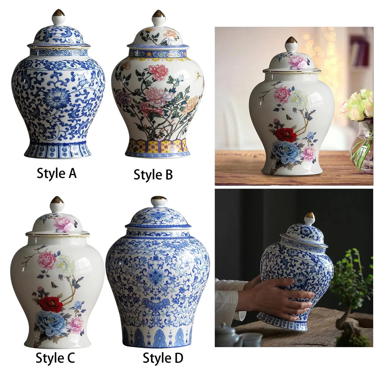 vase bleu blanc pot épices céramique couvercle poignée ornements floraux classiques