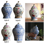 vase bleu blanc pot épices céramique couvercle poignée ornements floraux classiques
