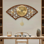 horloge murale chinoise traditionnelle asiatique ventilateur cerf floral marron doré salon