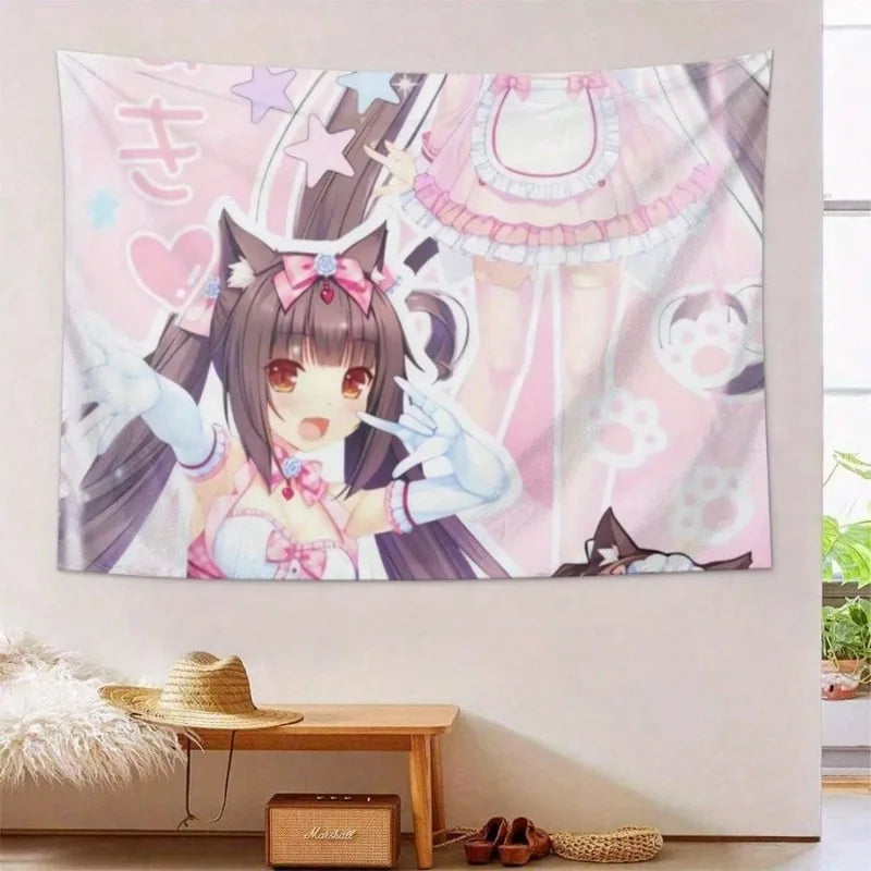 tapisserie anime fille oreilles chat rose coeurs étoiles motifs chaussettes doux mignon illustration chambre