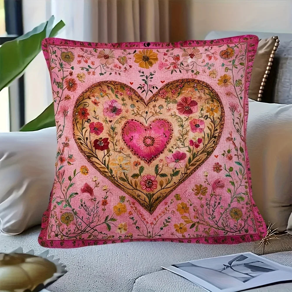 housse coussin motif floral coeurs rose vintage chambre decoration polyester
