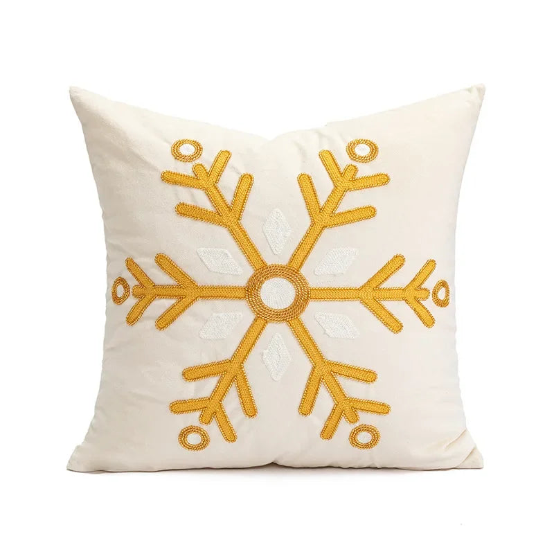 coussin blanc motif flocon doré texture épaisse décoratif noël fixations