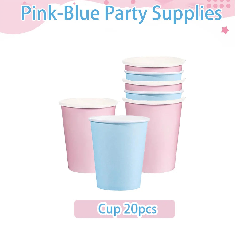 assiettes festives jetables bleu clair rose pâle bord dentelé moderne cuillères fourchettes gobelets serviettes