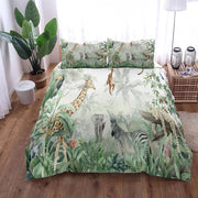 housse couette animaux sauvages motifs tropicaux feuilles jungle vert blanc rouges