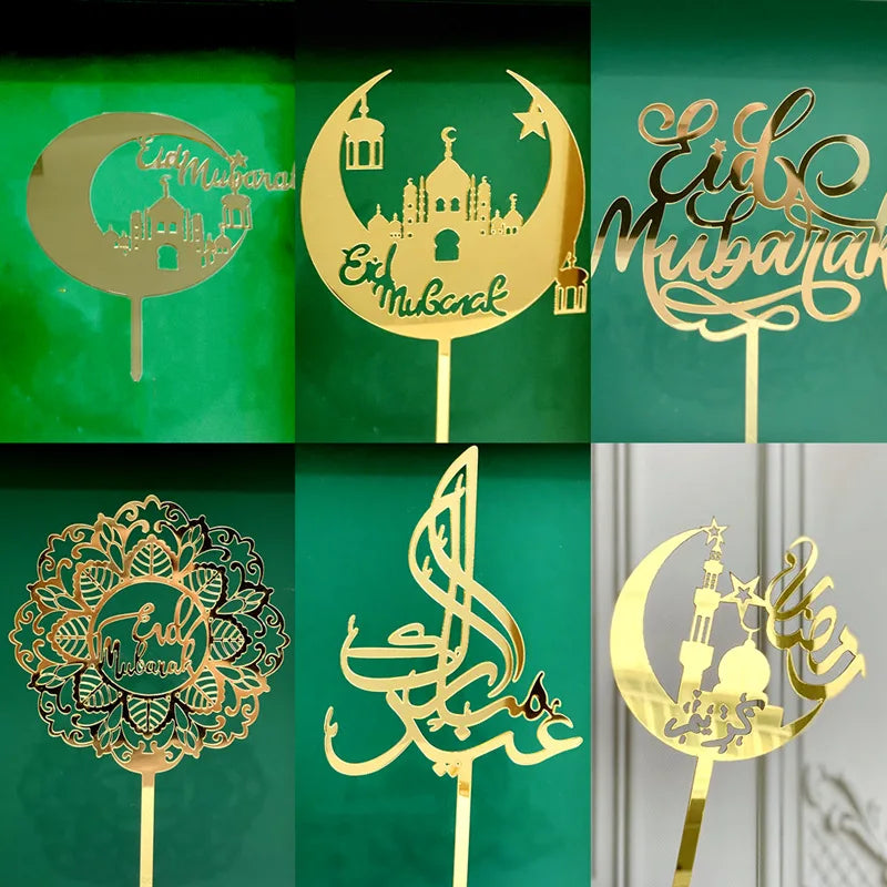 décoration gâteau or vert motifs islamiques lunes minarets calligraphie artisanal élégant adhésif festif İslam
