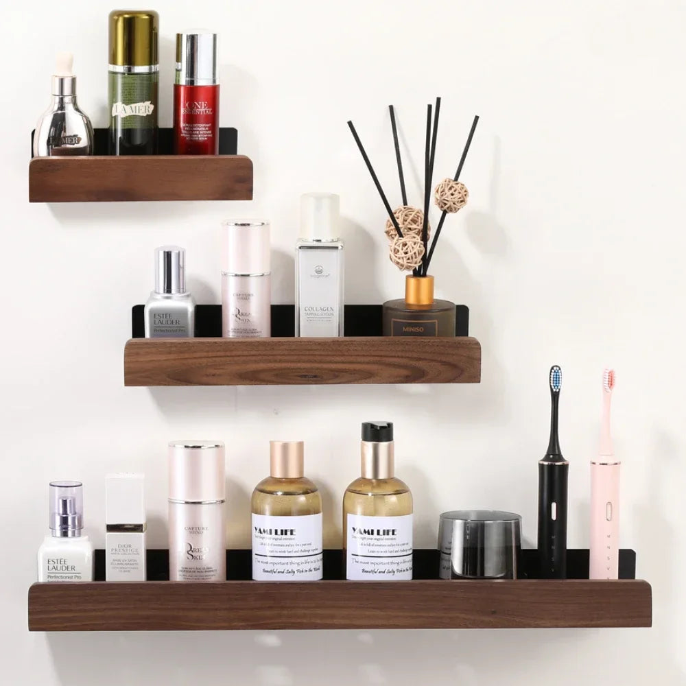 étagère murale bois noir moderne double niveau salle bain fixations vis support rangement