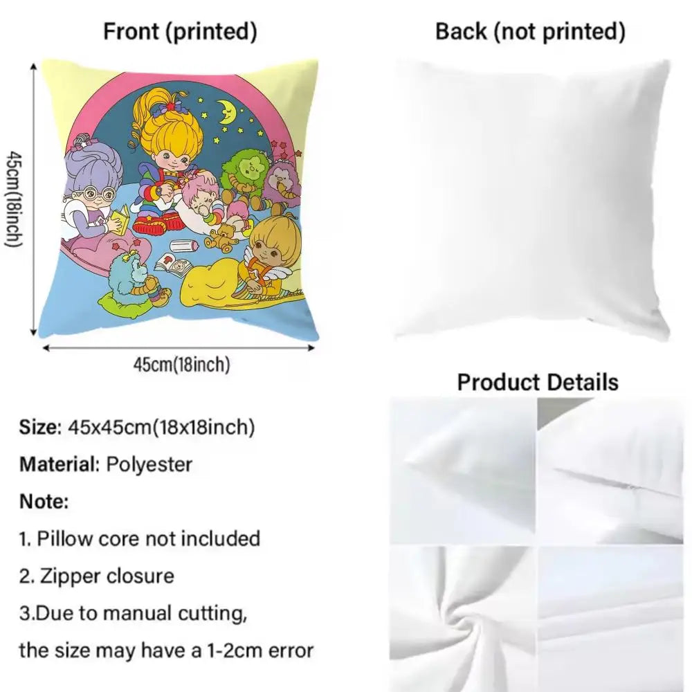 housse coussin vintage cartoon arc ciel personnages étoiles 45x45cm polyester bleu jaune rose noir