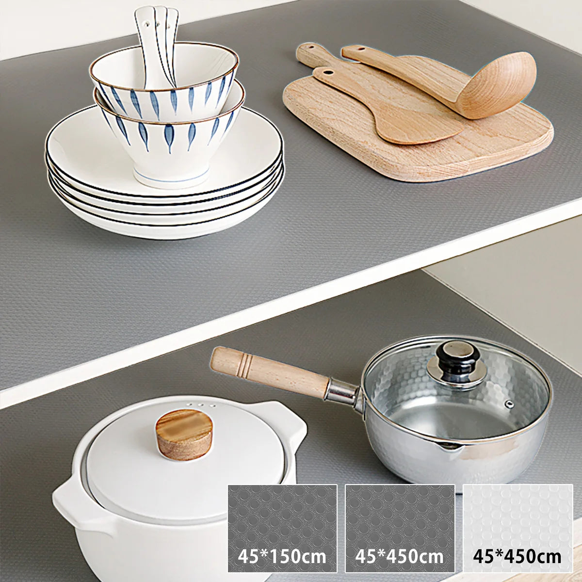 tapis antidérapant eva gris foncé blanc motif cercles relief moderne utilitaire cuisine assiettes bols