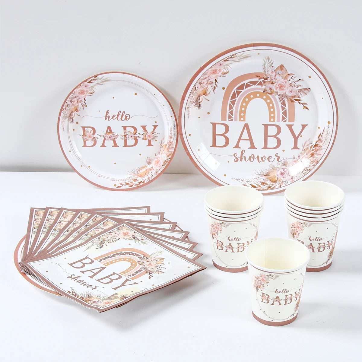 vaisselle jetable papier assiettes verres serviettes bébé fille rose doré fleurs baptême fête