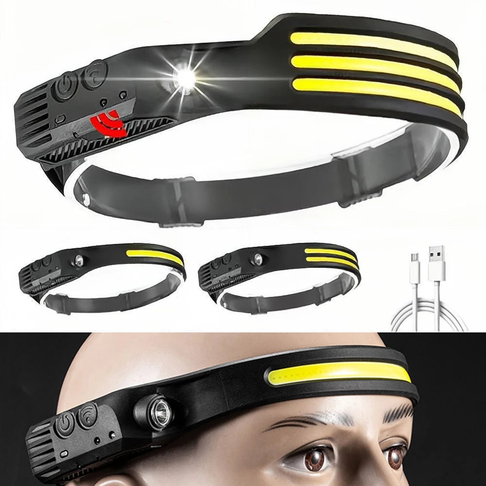 lampe frontale led noire jaune trois modes câble usb charge usb
