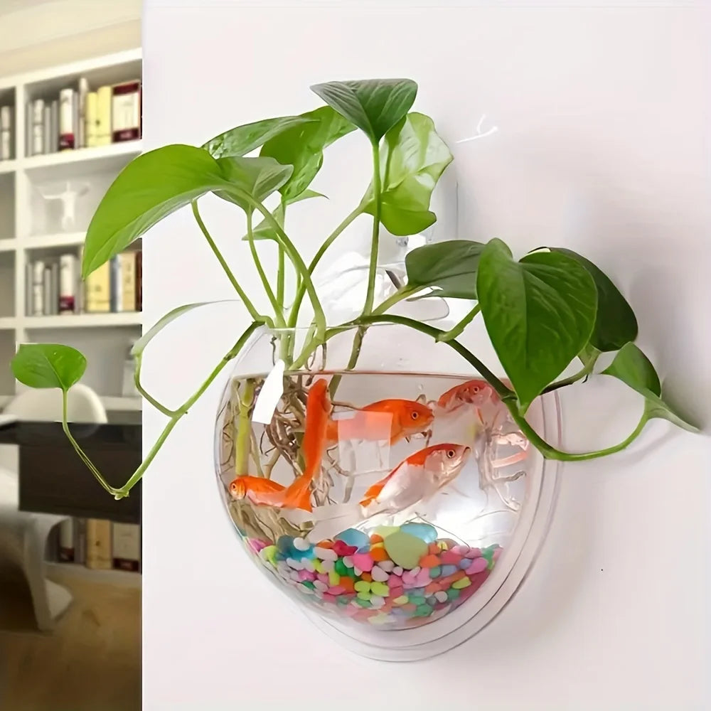 aquarium mural transparent moderne poissons plante galets colorés fixations suspension