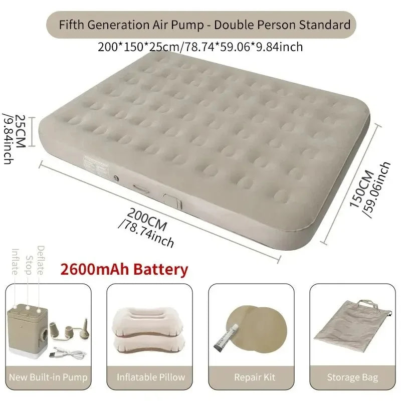 matelas gonflable beige texture mousse moderne pompe intégrée double taille grande capacité camping voyage