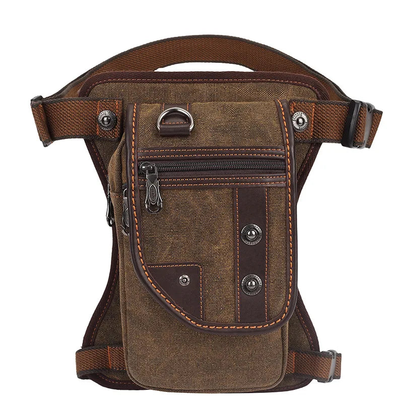 sac banane toile coton vintage marron clair robuste poche zippée avant arrière