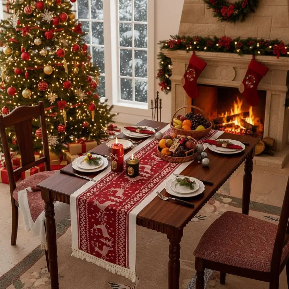 table noël chemin rouge motifs rennes sapins étoiles traditionnel festif coton polyester