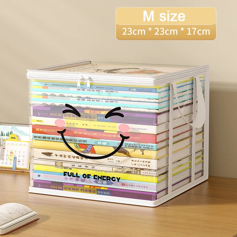 boîtes rangement transparentes blanches souriantes poignées amovibles moderne étudiante chambre organisation livres