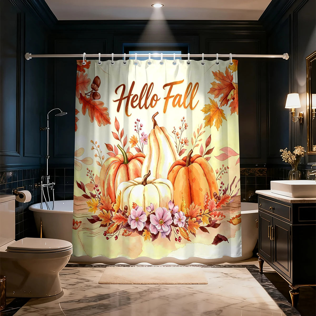 rideau douche automnal motifs citrouilles feuilles d'érable hello fall orange marron polyester tringle rideau