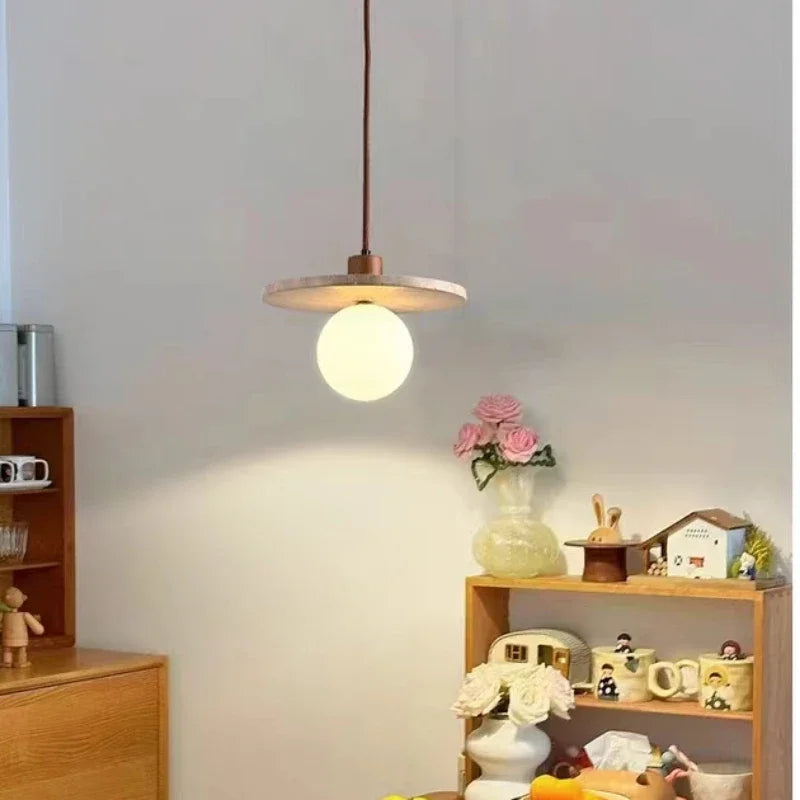 lampe suspendue moderne pierre travertine verre translucide chaîne métallique marron clair 30cm chambre salon