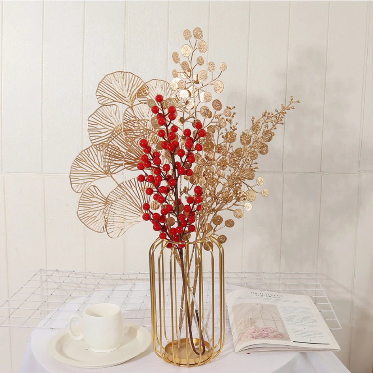 bouquet artificiel moderne feuilles coeurs or rouge décoration élégante intérieur extérieur noël mariage