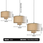 lampe suspendue moderne abat jour tissu texture lin trois tailles différentes lumière chaude blanc