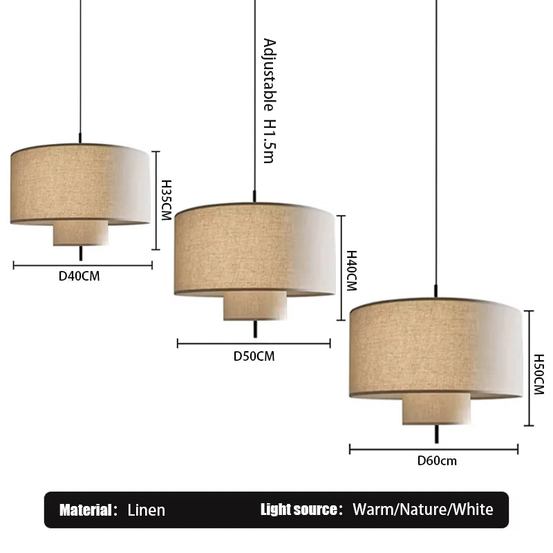 lampe suspendue moderne abat jour tissu texture lin trois tailles différentes lumière chaude blanc