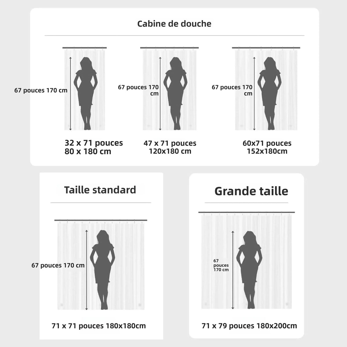 rideau douche gris moderne aimants lestés tapis douche imperméable baignoire 120x180cm 120x200cm anneaux métalliques